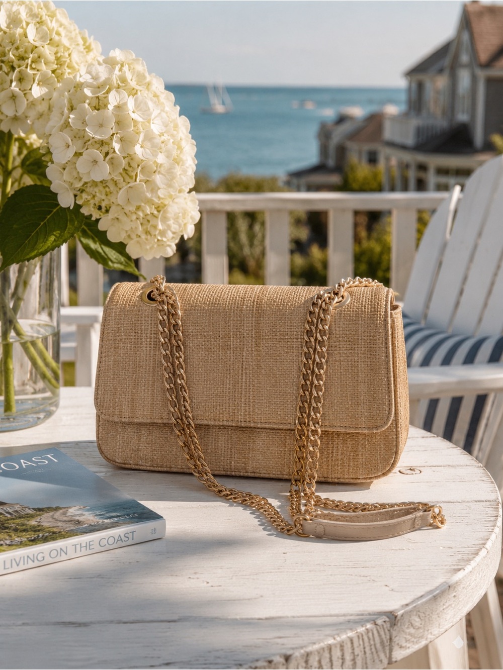 Rattan flap bag with double chain strap